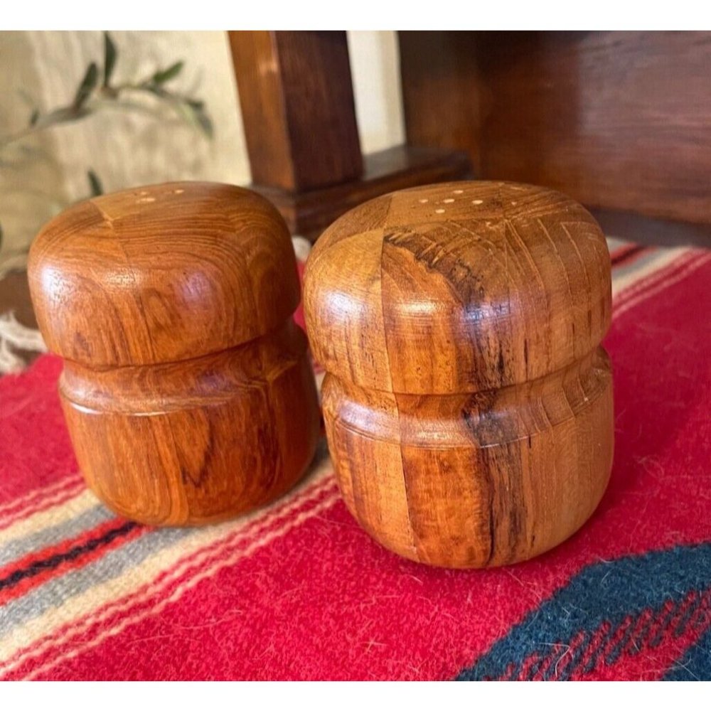 Vintage Mid-Century Modern Segmented Wood SALT & PEPPER Shakers FREE BONUS - Picture 3 of 7